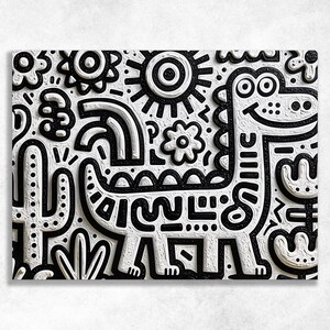 May include: A black and white textured wall art piece featuring a raised relief design of a smiling dinosaur surrounded by stylized cacti, flowers, and a sun. The artwork has a thick, tactile surface with bold black outlines and white details.