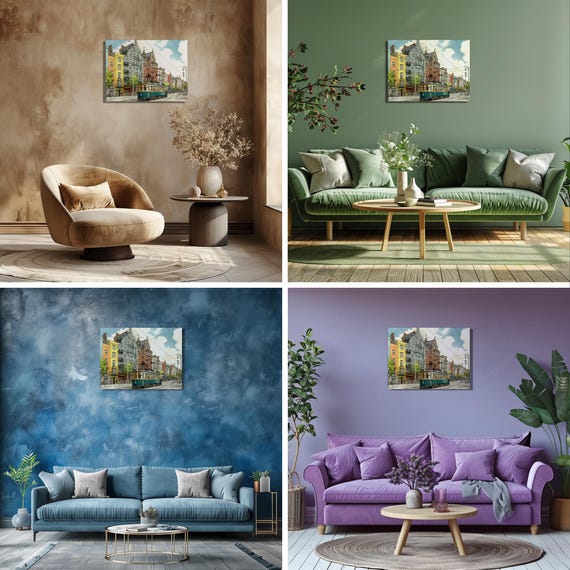 ヴィンテージトラムシティスケープキャンバスウォールアート - 水彩画