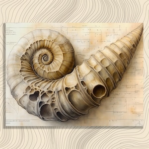 May include: A detailed illustration of a fossilized nautilus shell, showcasing its spiral form and intricate internal structure. The shell is depicted in shades of beige and brown, set against a backdrop of aged parchment with faint markings.