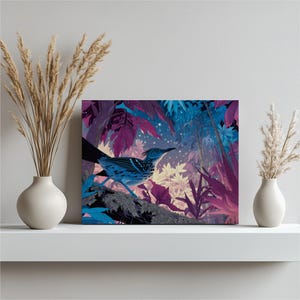 Tropical Bird Canvas Wall Art – Starlit Night Sky Jungle Foliage Colorful Wildlife Print Nature Illustration Exotic Bird Artwork Decor