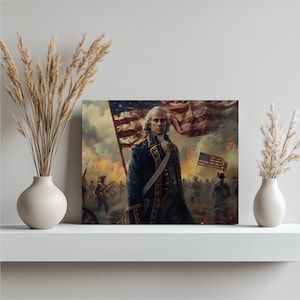 George Washington Canvas Wall Art - Patriotic Revolutionary War Hero Painting with American Flag Background for Home or Office Decor