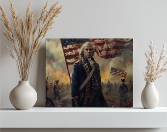 George Washington Canvastavla - Målning av patriotiskt frihetskrigets hjälte med amerikansk flagga i bakgrunden för hem- eller kontorsinredning