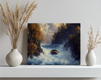 White Water Rafting River Print Canvas – Landscape Painting Nature Wall Art for Outdoor Adventure, Mountain View and Rapids Decor