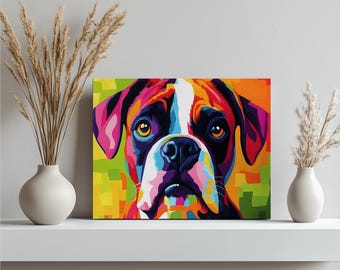 Arte de pared en lienzo de perro bóxer: retrato colorido de bóxer para amantes de los perros, decoración vibrante para mascotas, impresión geométrica de cara canina para espacios habitables