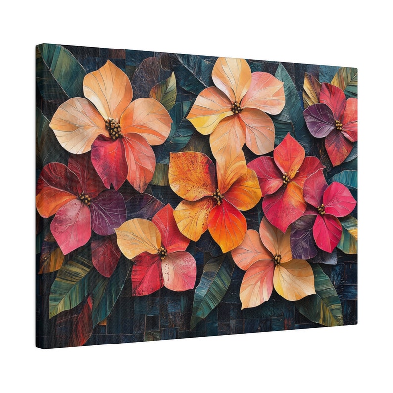 Tropical Collage Canvas Wall Art, Vibrant Exotic Flowers Leaves Mixed