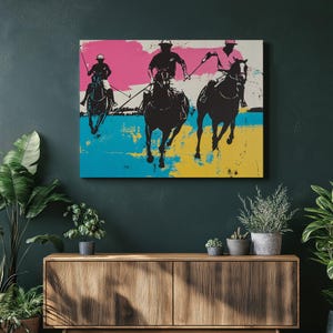 Vibrant Polo Canvas Wall Art – Colorful Horse Painting of Three Players in Action | Contemporary Equestrian Sports Print for Home Decor
