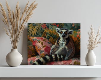 May include: A ring-tailed lemur sits on a pink and floral patterned pillow. The lemur has black and white stripes on its tail and is surrounded by lush green foliage.