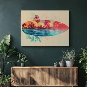 Tropical Sunset Surfboard Canvas Wall Art – Vibrant Coastal Surf Decor with Palm Trees, Ocean Waves Beach Vibes for Home or Office Décor