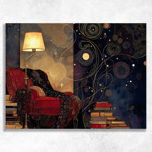 May include: An artistic depiction of a cozy reading nook. A red armchair is draped with a patterned blanket, next to a lit lamp. Stacks of books are visible, with a dark, patterned background.
