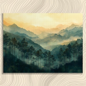 Misty Mountain Forest Canvas Wall Art – Tranquil Wilderness Nature Painting Modern Warm Morning Glow Home Decor Gift for Nature Lovers