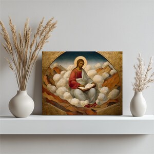 Jesus Christ Canvas Wall Art – traditional orthodox icon painting with gold halo Bible clouds religious decor print sacred christian gift