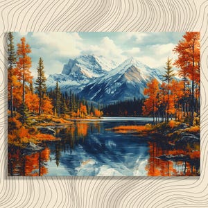 May include: A landscape painting depicts a serene lake reflecting snow-capped mountains under a cloudy sky. Autumn trees with orange and yellow foliage line the water's edge, creating a vibrant contrast with the dark green pines and blue water.