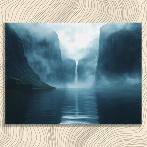 Serene Fjord Waterfall Canvas Wall Art - Minimal Nature Painting Misty Landscape Coastal Decor Gift for Art Enthusiasts and Travelers