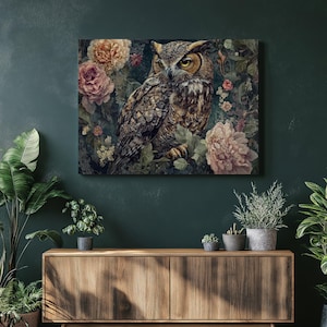 Serene Great Horned Owl Canvas Wall Art with Boho Floral Design - Colorful Bohemian Bird Illustration for Home Nature Wildlife Decor