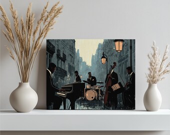 Jazz Music Canvas Wall Art, Vintage Urban Scene with Musicians Playing Piano and Drums in a Nostalgic Grey Palette for Home Decor, Fine Art