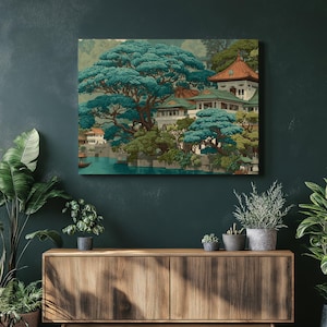 Toile d&#39;art murale lac du temple asiatique - paysage tropical serein imprimé architecture pagode tons bleus verts scène d&#39;eau décor de style traditionnel