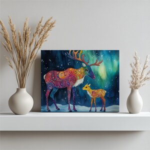 Watercolor Reindeer and Fawn Canvas Wall Art Under Northern Lights Aurora Borealis - Boho Colorful Winter Scene Home Decor Painting