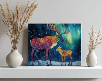 Watercolor Reindeer and Fawn Canvas Wall Art Under Northern Lights Aurora Borealis - Boho Colorful Winter Scene Home Decor Painting