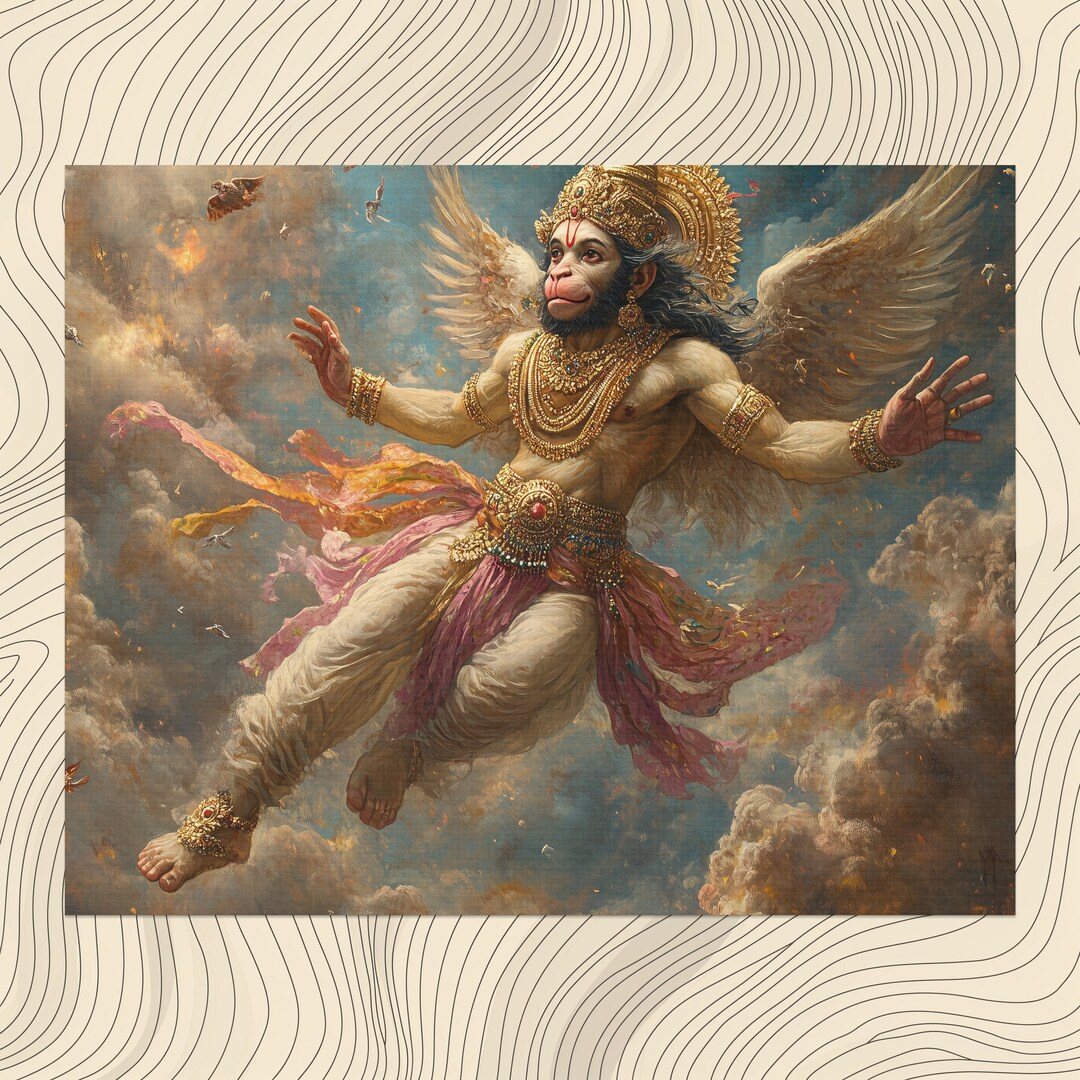 Lord Hanuman Canvas Wall Art, Hindu Deity Vibrant Birds Cloud Patterns ...
