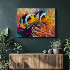 Pintura de parede vibrante de peixe-palhaço em tela - Impressão colorida de corais e peixes para decoração de casa costeira, presente em tela marinha para amantes do oceano
