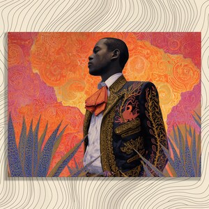 May include: A portrait of a person in a traditional charro suit, featuring a black jacket with gold embroidery and a red bow tie. The background showcases a vibrant orange and pink patterned sky and blue agave plants.