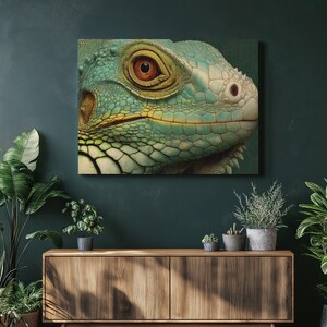 Lienzo de iguana verde para pared: pintura de reptil tropical, impresión de vida silvestre, decoración de lagarto, regalo para amantes de los animales, escamas coloridas y detalladas.