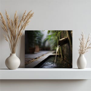 Bamboo Fountain Canvas Wall Art – Tranquil Japanese Garden Zen Water Feature Nature Print Modern Minimalist Spa Decor Pebbles Photo