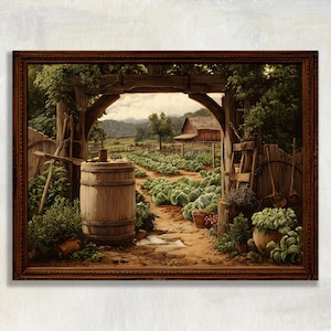 May include: A framed painting depicts a serene farm scene. A wooden archway frames a view of a garden with rows of cabbages, a barn, and distant mountains. A large wooden barrel and various gardening tools are visible.
