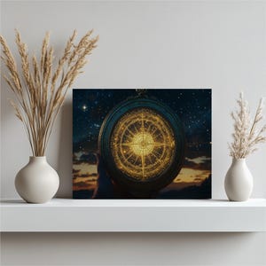 Impresión artística de lienzo de astrolabio - Brújula celestial - Decoración para sala de estar, dormitorio y oficina - Regalo único de exploración espacial
