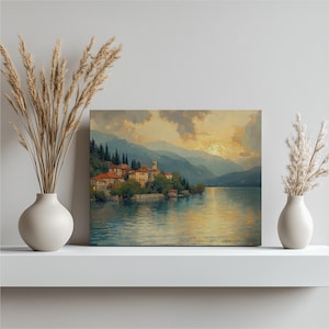 North Macedonia canvas wall art, traditional fresco painting decor, Ohrid Lake nostalgia, detailed oil paint illustration, super realistic