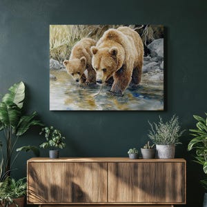 Bear Canvas Wall Art, Charming Wildlife Decor for Home, Nature Inspired Artwork, Scenic Bear Fishing by River, Great Gift Idea, Wall Hanging