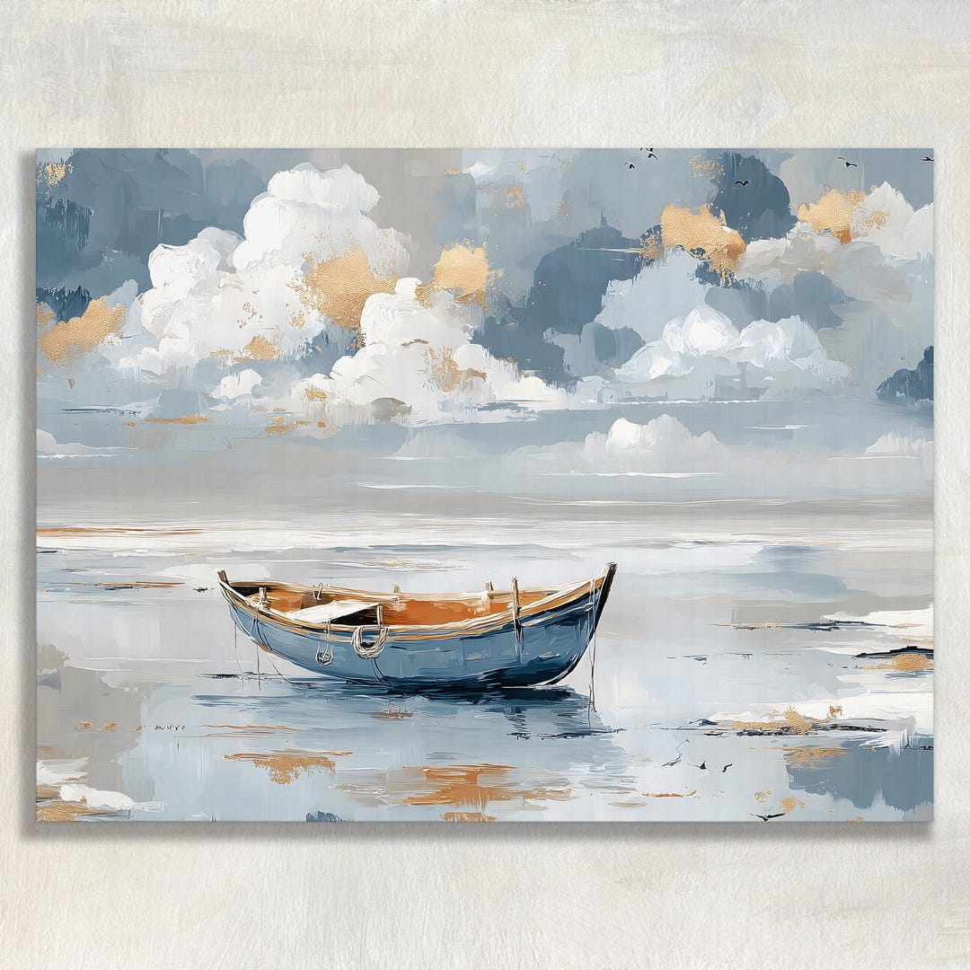 Serene Boat Seascape Canvas Wall Art - Peaceful Coastal Watercolor ...