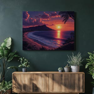 Hawaii Sunset Painting Canvas Sunset Beach Wall Art Tropical Wall Art Coastal Art Ocean Painting Palm Tree Painting Hawaiian Artwork