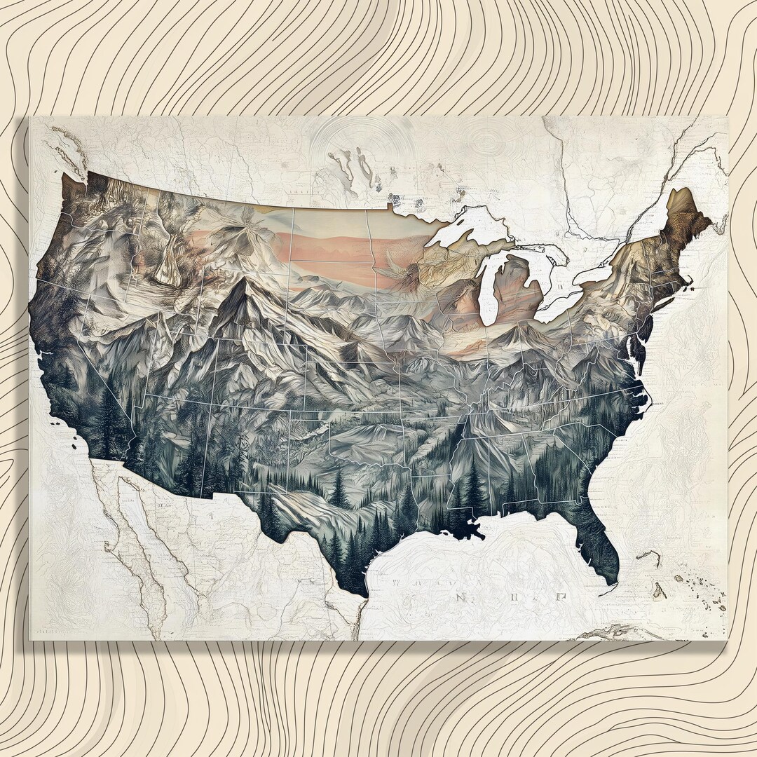 United States Map Canvas Wall Art - Vintage Mountain Forest Landscape ...