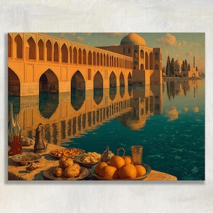 Könnte beinhalten: Ein künstlerischer Druck einer malerischen Landschaft mit einer Brücke mit mehreren Bögen, die sich im Wasser spiegeln. Das Bild zeigt einen Tisch mit Tellern mit Essen und Getränken, wobei Orangen im Mittelpunkt stehen.