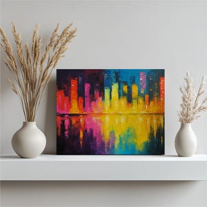 Vibrant City Skyline Canvas Wall Art Painting with Neon Colors, Abstract Urban Reflection on Water Print Decor - Unique Gift for Art Lovers