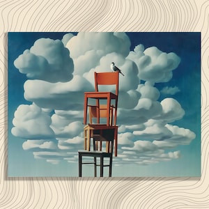 May include: An artistic print depicts a stack of four chairs in varying colors, with a bird perched atop the uppermost chair. The chairs are set against a backdrop of a blue sky filled with fluffy white clouds, creating a surreal and whimsical scene.