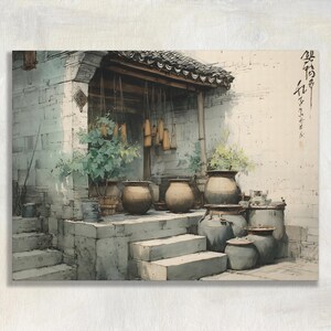 Jiangnan Candle Courtyard Canvas Wall Art, Chinese Ink Watercolor Print with Clay Pots, Stone Steps and Tiled Eaves in Muted Jade