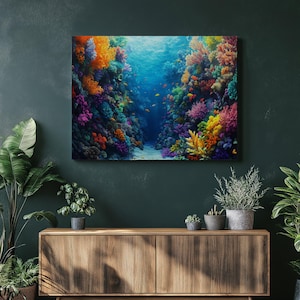 Vibrant Coral Reef Canvas Wall Art, Colorful Underwater Marine Life Painting with Tropical Fish Tiny Crabs, Ocean Décor Art Home Decor