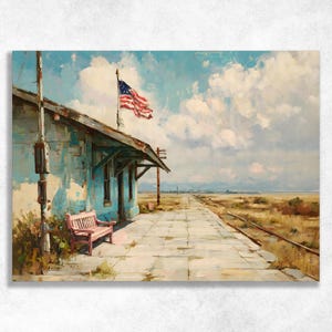 May include: An oil painting depicting a weathered turquoise train station building with a pink wooden bench on a concrete platform. An American flag waves from a pole above the roof against a bright blue sky filled with large white clouds.