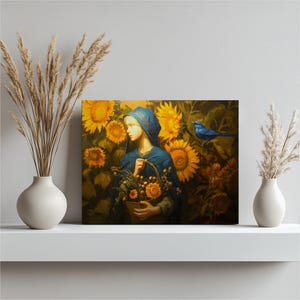 May include: A canvas print featuring a woman in a blue cloak holding a basket of sunflowers. The artwork is set against a backdrop of sunflowers and foliage, with a blue bird perched nearby. The color palette is dominated by yellows, greens, and blues.