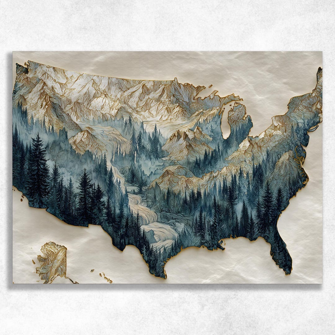United States Map Canvas Wall Art - Vintage Mountain Landscape Print