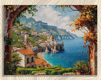 Amalfi Coast canvas wall art, colorful seaside villages painting Italy, turquoise waters framed in wooden ornate style, highly detailed oil
