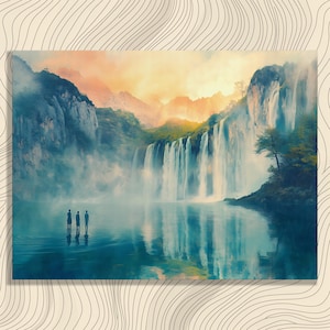 Serene Waterfall Canvas Wall Art – Misty Mountain Landscape Print Tranquil Nature Reflection Art Fine Art Print Modern Home Decor