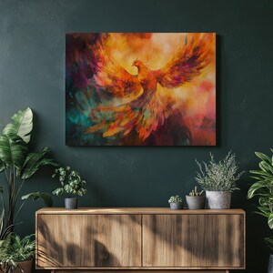 Rebirth Flames Canvas Wall Art | Phoenix Rising Abstract Fire Painting in Fiery Red Orange | Colorful Home Office Decor | Art Gift