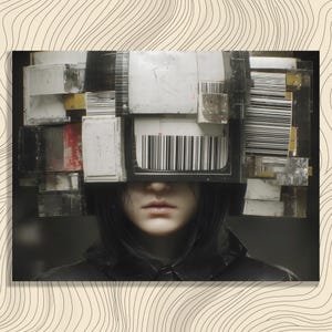 May include: A digital art portrait of a person wearing a headpiece constructed from various rectangular elements, including barcode patterns. The headpiece obscures the eyes, and the person has dark hair and a black jacket. The overall aesthetic is futuristic and dystopian.