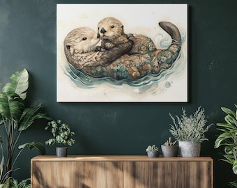 Sea Otter Family canvas wall art - coastal wildlife nursery decor watercolor animal print with cuddling mother and baby ocean waves gift