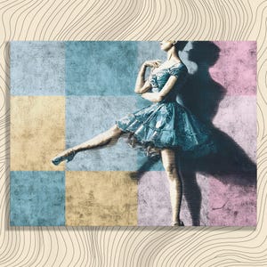 May include: An artistic rendering of a ballerina in a blue dress, poised mid-dance. The background is divided into squares of blue, yellow, and pink, with a textured effect. The ballerina's shadow is cast on the pink section.