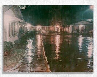 Vintage Roadside Motel at Night Canvas Wall Art, Wet Pavement, Glowing Windows, Liminal Travel Nostalgia in Moody Cinematic Style