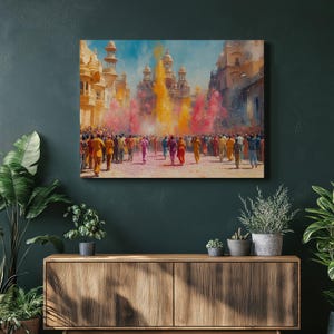 Vibrant Holi Festival Canvas Wall Art Painting Print Decor Bohemian Color Powder Indian Tradition Dance Home Accent Gift for Living Room